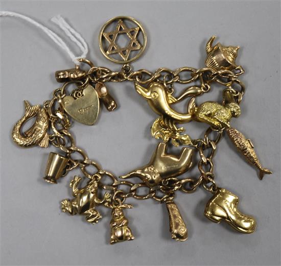 A 9ct gold charm bracelet with padlock clasp, hung with 14 charms, one 18K gold, set with a small emerald and nine 9ct gold
